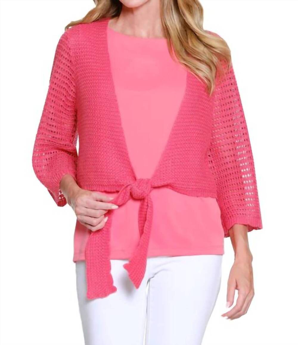 NEW MULTIPLES 3/4 sleeve tie front waist sweater cardigan in coral pink